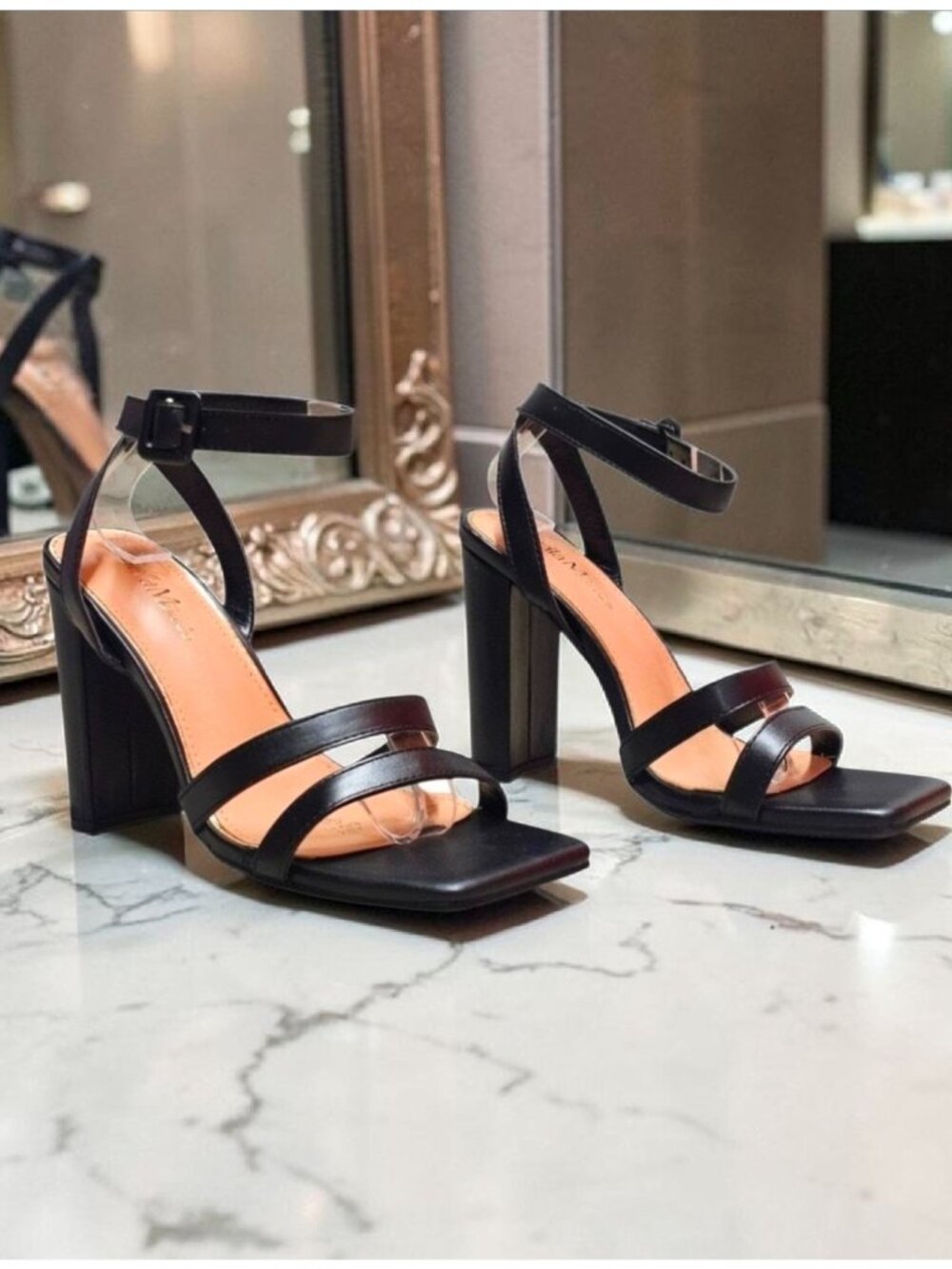 Strappy Black Block Heel Sandals With Square Toe Adjustable Ankle Strap